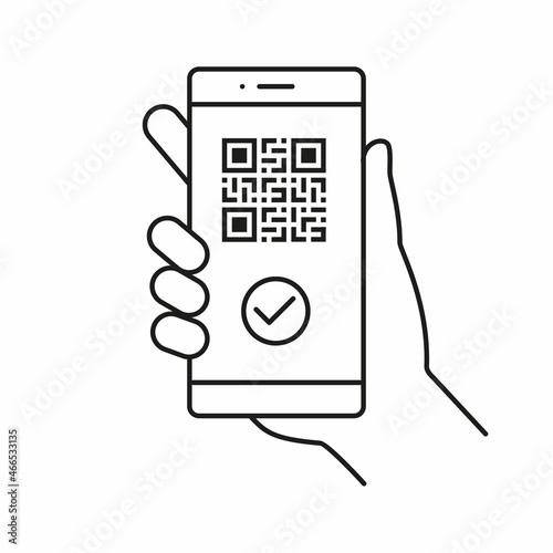 Vaccination QR code icon. Digital health passport. Electronic certificate with QR code on phone screen.