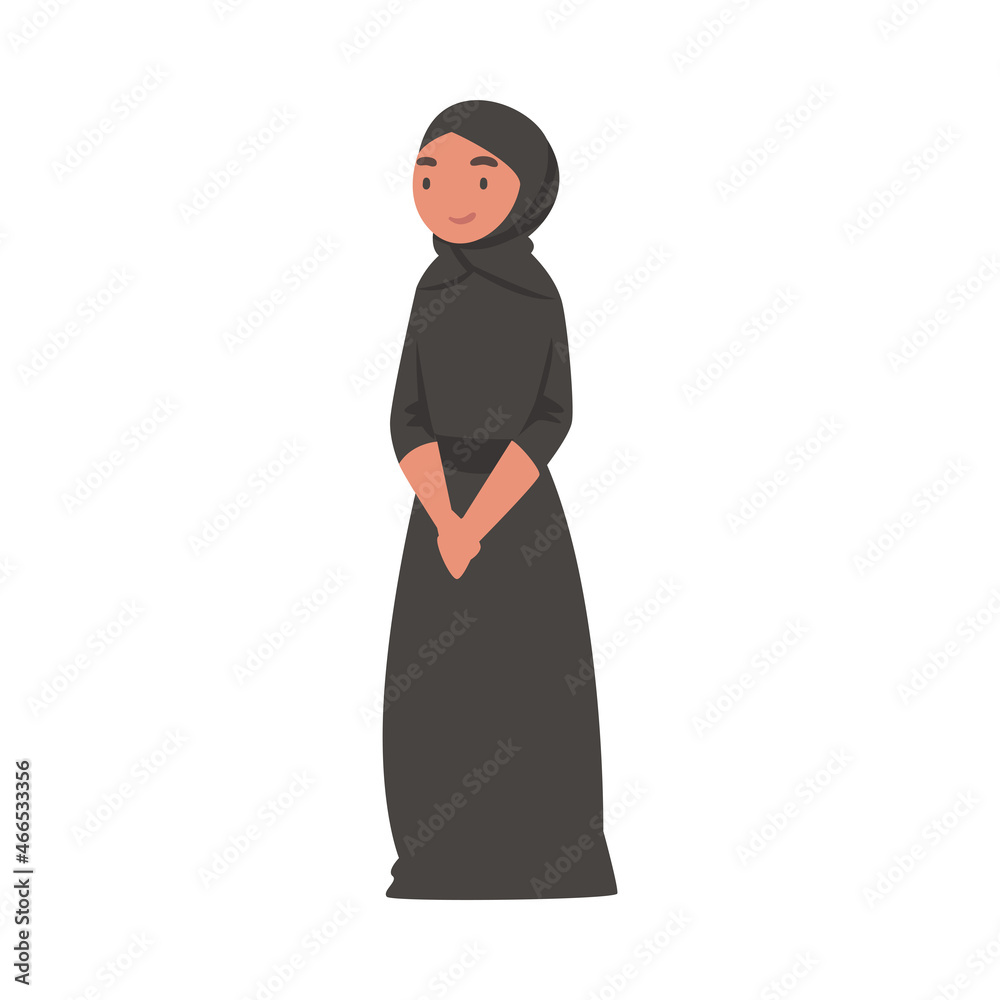 Naklejka premium Arab Woman Standing in Traditional Muslim Dress and Long Flowing Garment Vector Illustration
