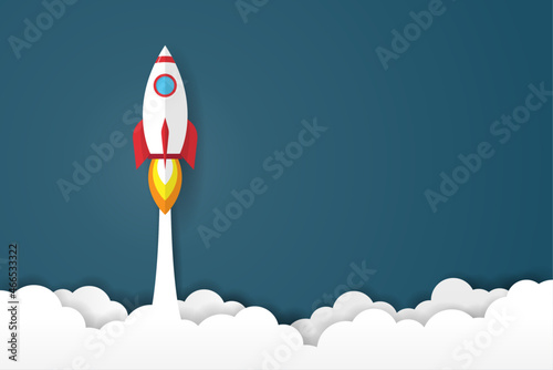 rockets launch into the night sky with stars and clouds on background. copy space for text input. business creative startup concept. vector illustration in flat style modern design.