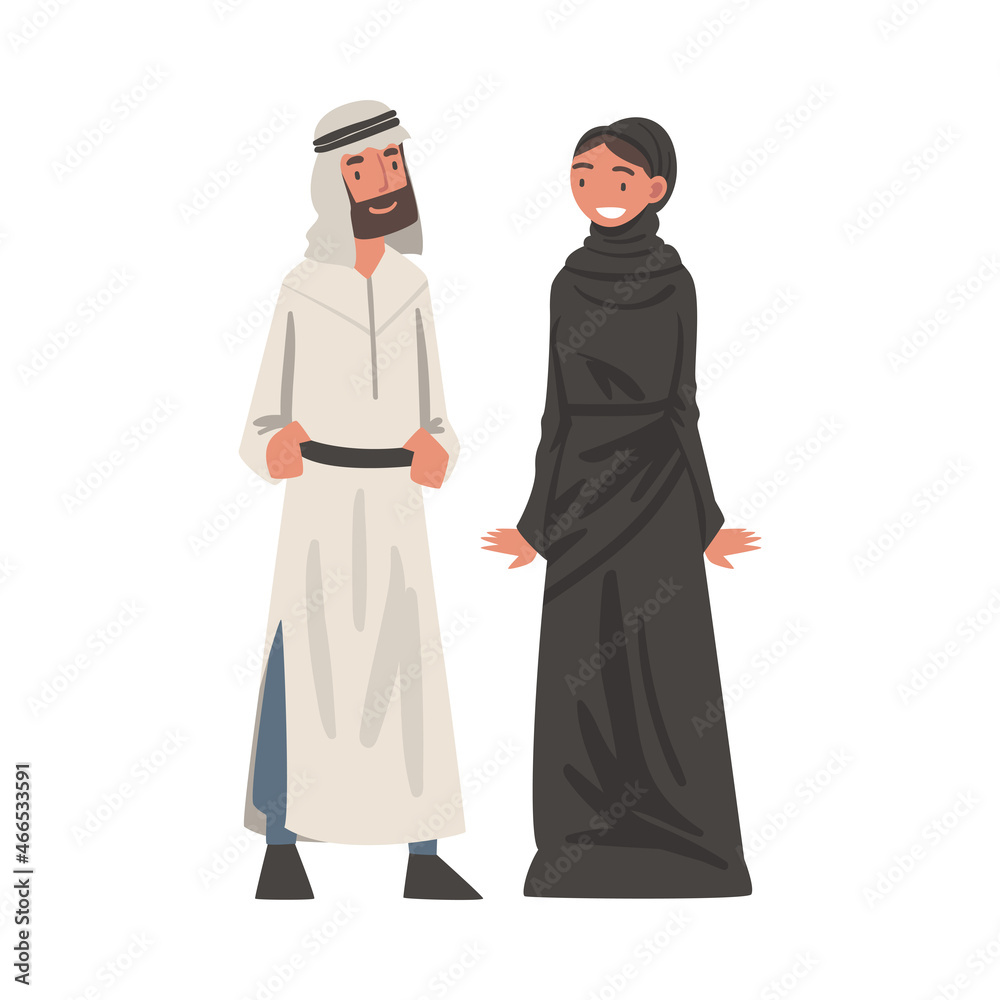 Arab Man and Woman Standing in Traditional Muslim Dress and Long Flowing Garment Vector Illustration