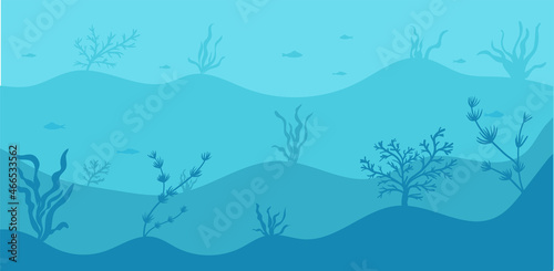 Underwater horizontal background, seabed silhouette with algae and fishes. blue ocean flat drawing, marine life. Vector illustration