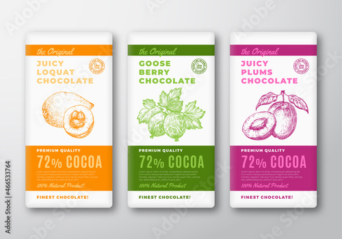 The Original Chocolate Abstract Vector Packaging Design Labels Set. Modern Typography and Hand Drawn Loquat, Gooseberry Berries and Plum Fruit Sketch Silhouette Background Layouts Collection Isolated