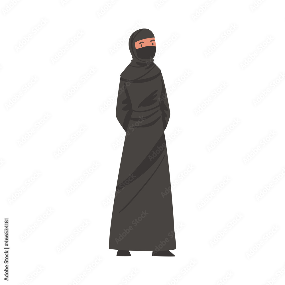 Arab Woman Standing in Traditional Muslim Dress and Long Flowing Garment Vector Illustration Arab Woman Standing in Traditional Muslim Dress and Long Flowing Garment Vector Illustration