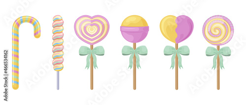 A bright set consisting of colorful candies and candies. Juicy lollipops of various shapes and sizes. Christmas sweets. Holiday candies. Vector illustration