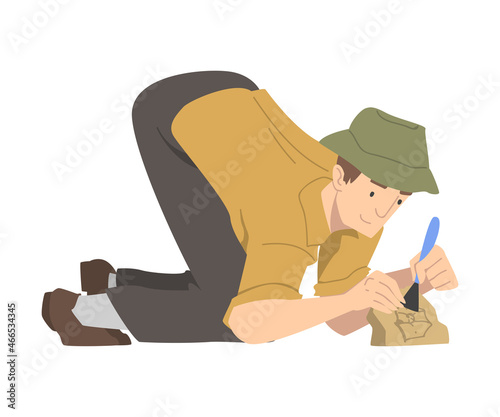 Man Archaeologist with Brush Working on Excavations in Search of Archaeological Remains Vector Illustration