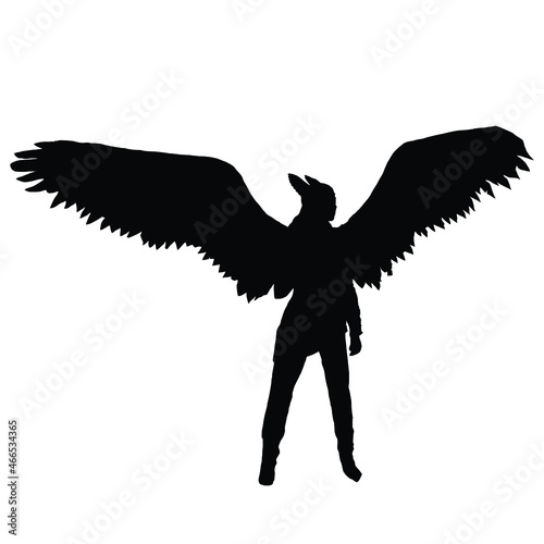 vector drawing of a black silhouette on a white background of a beautiful girl with long hair. she has big angel wings on her back and a weapon in her hand. she 's a valkyrie .2d art