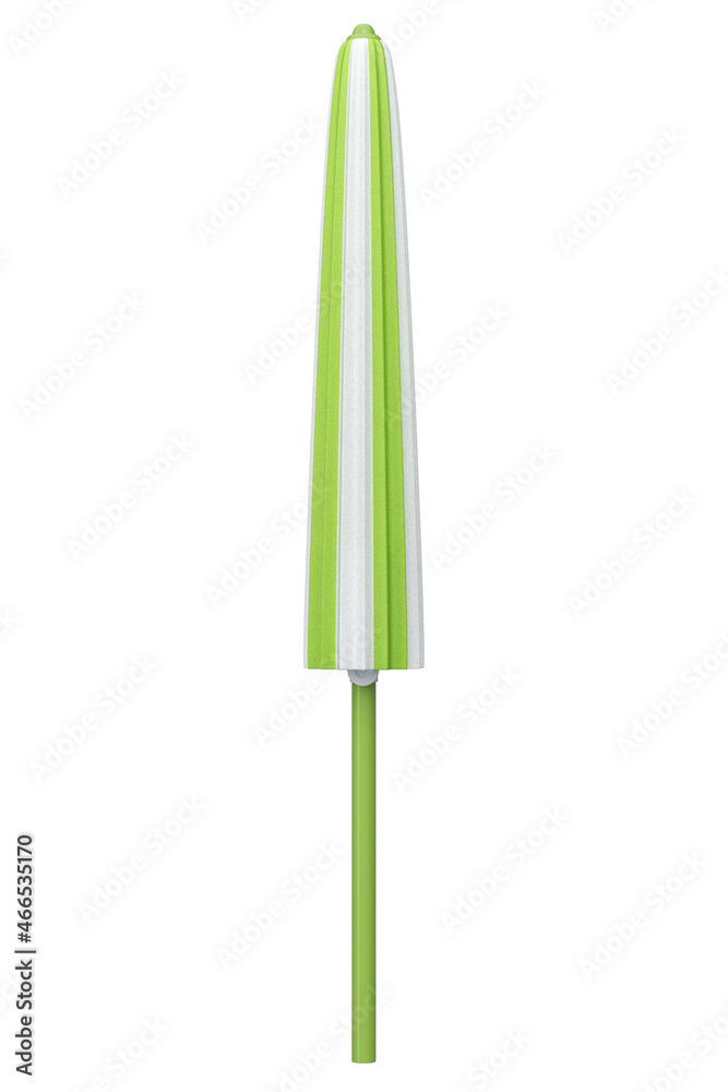 Green striped beach umbrella for lounge zone on seashore isolated on white.