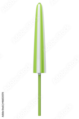 Green striped beach umbrella for lounge zone on seashore isolated on white. © Vasyl Onyskiv