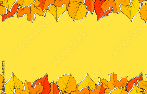 Colorful leaves at the top and bottom edges contrast with the yellow background.