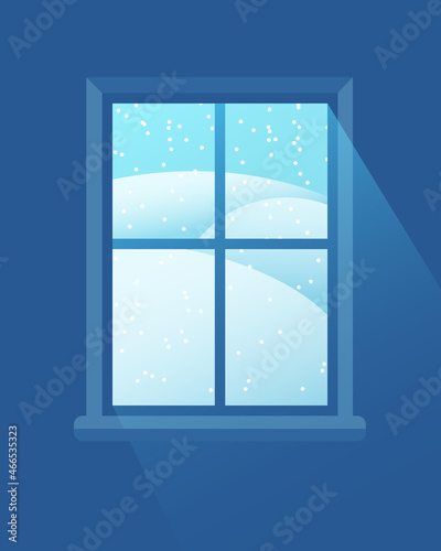Light from the window. Winter landscape outside the window. Snowing. Vector illustration.