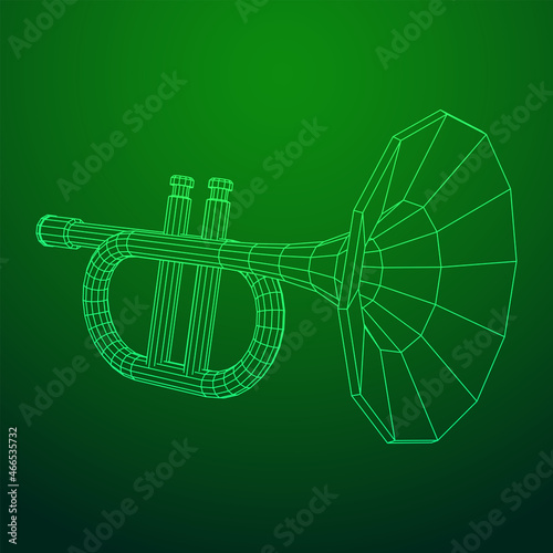 Trumpet pipe fife musiacal instrument. Wireframe low poly mesh vector illustration.