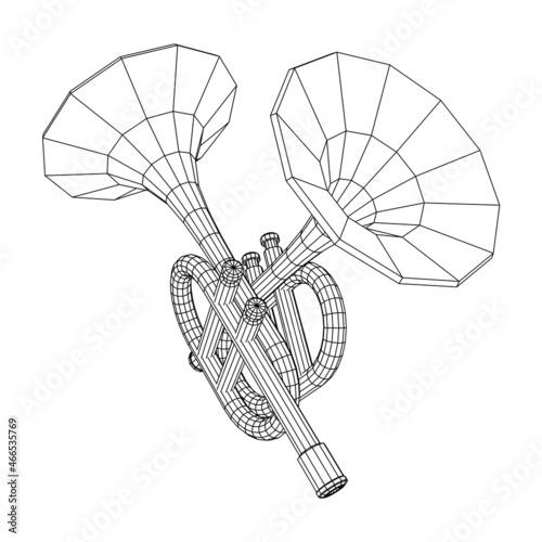 Trumpet pipe fife musiacal instrument. Wireframe low poly mesh vector illustration.