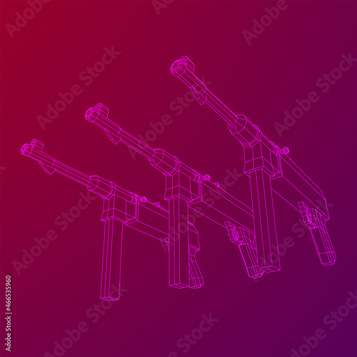 Submachine gun german MP 40 world war 2 firearms pistol. Wireframe low poly mesh vector illustration.