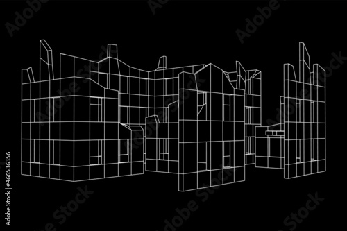 Destroyed building ruin and concrete, war destruction concept. Wireframe low poly mesh vector illustration.