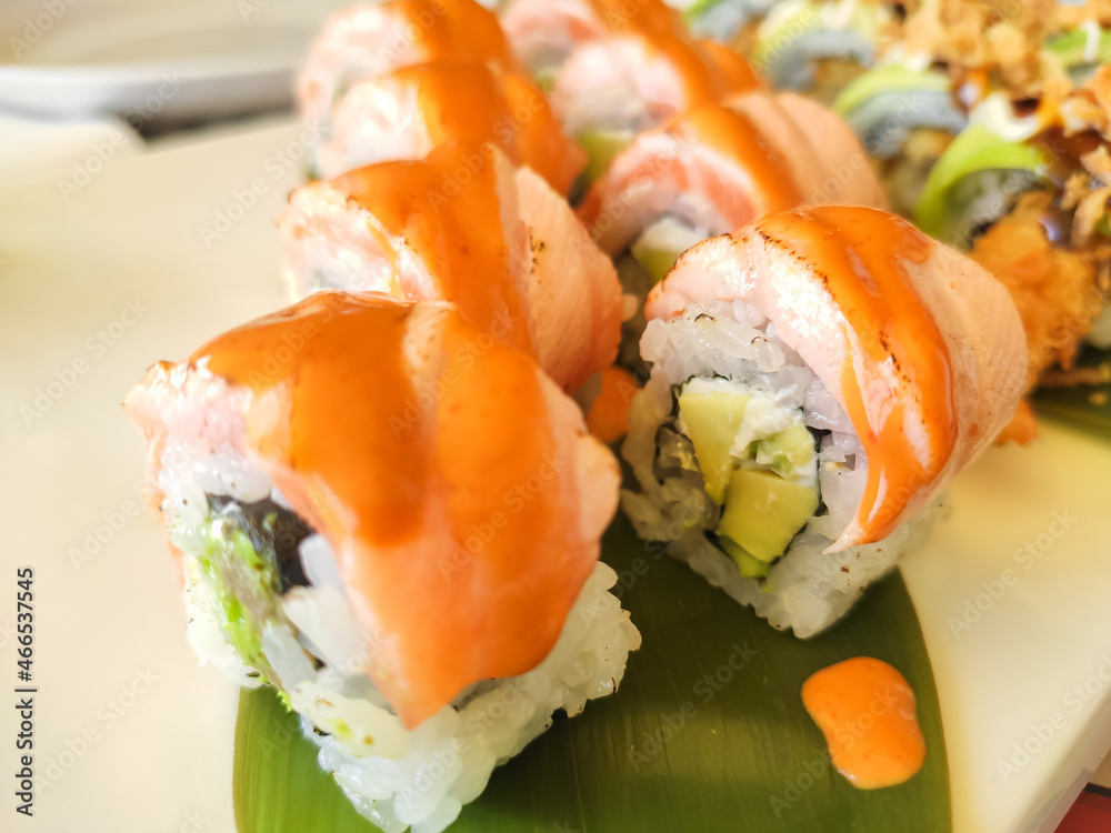 Closeup view of sushi roll.Japanese tasty food Closeup view of sushi roll.Japanese tasty food