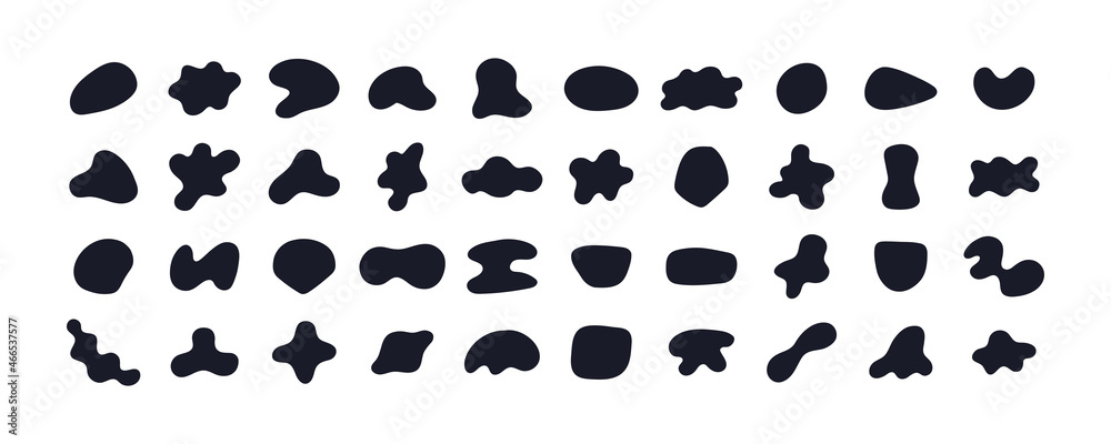 Random black abstract shapes. Set of organic blobs of irregular shape. Simple blotch, inkblot. Vector illustration isolated on white backgound. - obrazy, fototapety, plakaty 