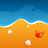 Beach yellow sand and blue sea or ocean, with seashells, fish, crab. Summer vacation, vector illustration.