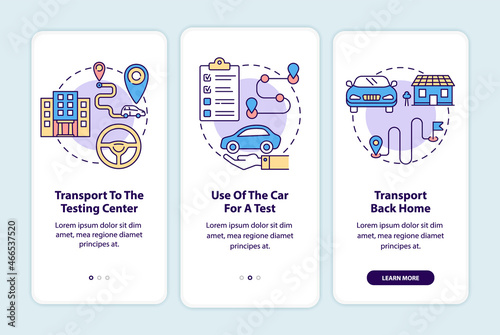 Road test services onboarding mobile app page screen. Driving school offers walkthrough 3 steps graphic instructions with concepts. UI, UX, GUI vector template with linear color illustrations