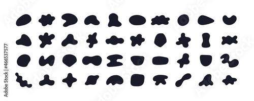Random black abstract shapes. Set of organic blobs of irregular shape. Simple blotch, inkblot. Vector illustration isolated on white backgound.