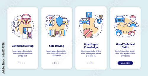 Driving course results onboarding mobile app page screen. Drivers license walkthrough 4 steps graphic instructions with concepts. UI, UX, GUI vector template with linear color illustrations