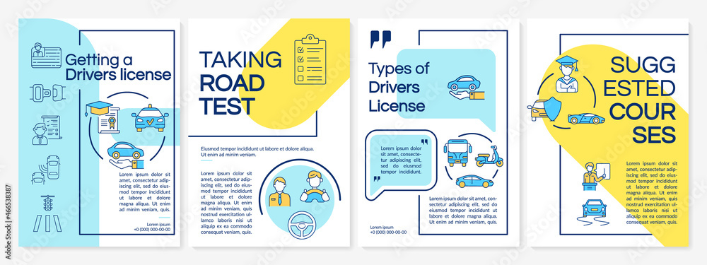 Driving school yellow and blue brochure template. Drivers education. Flyer, booklet, leaflet print, cover design with linear icons. Vector layouts for presentation, annual reports, advertisement pages