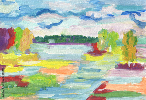 Abstract colorful landscape with positive trees, sky and water. Elegant spots and brush strokes. Painted in gouache on paper.
