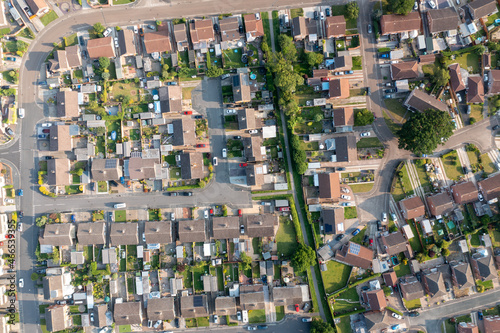 Straight down aerial drone photo of the town of Huntington in York in the UK showing residential British housing estates and rows of semi detached bungalows in the town on a sunny summers day