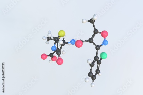 Molecule of Cloxacillin. Isolated molecular model, 3D rendering photo