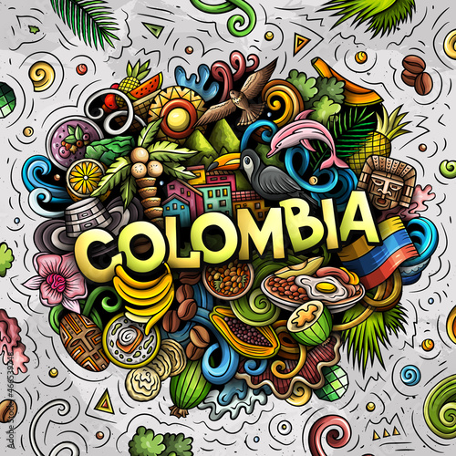 Colombia hand drawn cartoon doodle illustration. Funny Colombian design.