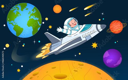 The astronaut flies on a shuttle among the planets and waves his hand in greeting. Page, postcard, banner on a space theme. Vector illustration , cartoon style