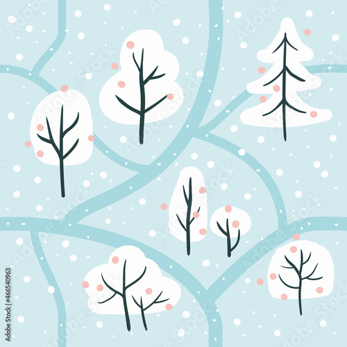 snow background. cute endless winter park. trees in the snow on a blue background. Snowy winter landscape
