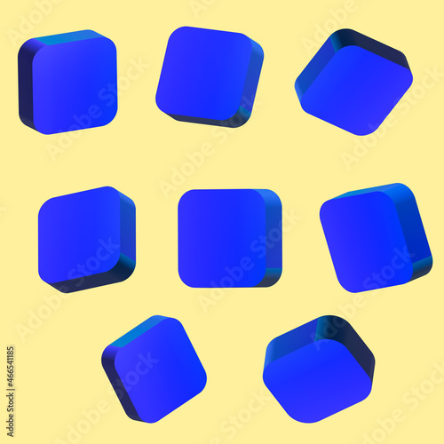 Set 3D of button blue and light blue cubes, squares, isolated. 3d buttons, for sites, internet, pages. Different light, perspective and angle. Vector illustration. Isolated on gray background.