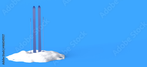 Skis and ski poles in snow pile. Winter sport. Copy space. 3D illustration.