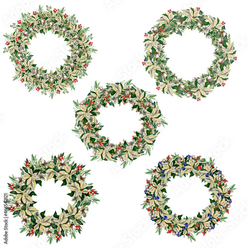 Watercolor christmas poinsettia wreaths, set of 5, clipart