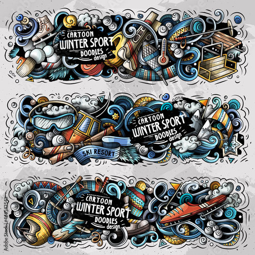Cartoon cute colorful vector hand drawn doodles Winter Sports banners