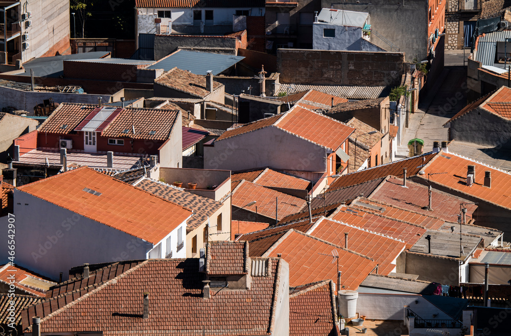 Aerial view of small town, Consuegra, Castilla la Mancha, Spain