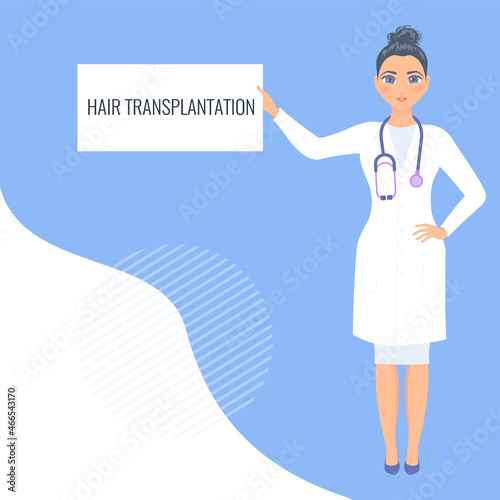 Alopecia concept. Female doctor holding hair transplantation board in his hand. Hair loss medical treatment design template. Vector flat illustration.