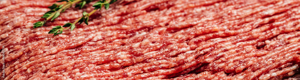 Fresh Raw Beef Minced Meat. Food recipe background. Close up. Long banner format. top view Fresh Raw Beef Minced Meat. Food recipe background. Close up. Long banner format. top view