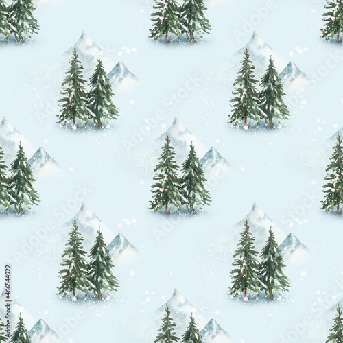 Watercolor seamless pattern of New Year's elements in the snow-capped mountains, snow-covered coniferous trees