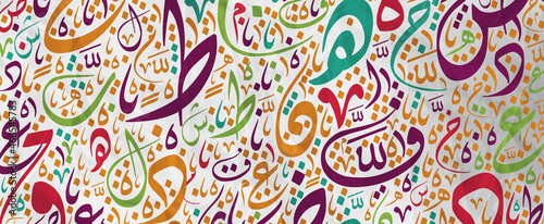 Creative colorful background, Arabic Calligraphy Background Contain Random Arabic Letters Without specific meaning in English .