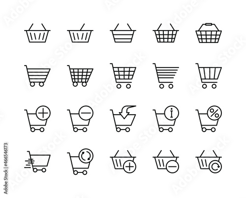 Shopping baskets and carts flat line icons set. Collection from various cart icons in various shapes. Simple flat vector illustration for web site or mobile app