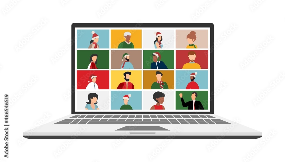 People wishing Merry Christmas and Happy New Year, celebrating holiday and giving gifts via video call or web conference in 2022. Flat vector illustration for web, banner, poster People wishing Merry Christmas and Happy New Year, celebrating holiday and giving gifts via video call or web conference in 2022. Flat vector illustration for web, banner, poster