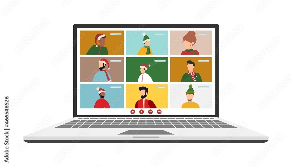 People wishing Merry Christmas and Happy New Year, celebrating holiday and giving gifts via video call or web conference in 2022. Flat vector illustration for web, banner, poster People wishing Merry Christmas and Happy New Year, celebrating holiday and giving gifts via video call or web conference in 2022. Flat vector illustration for web, banner, poster