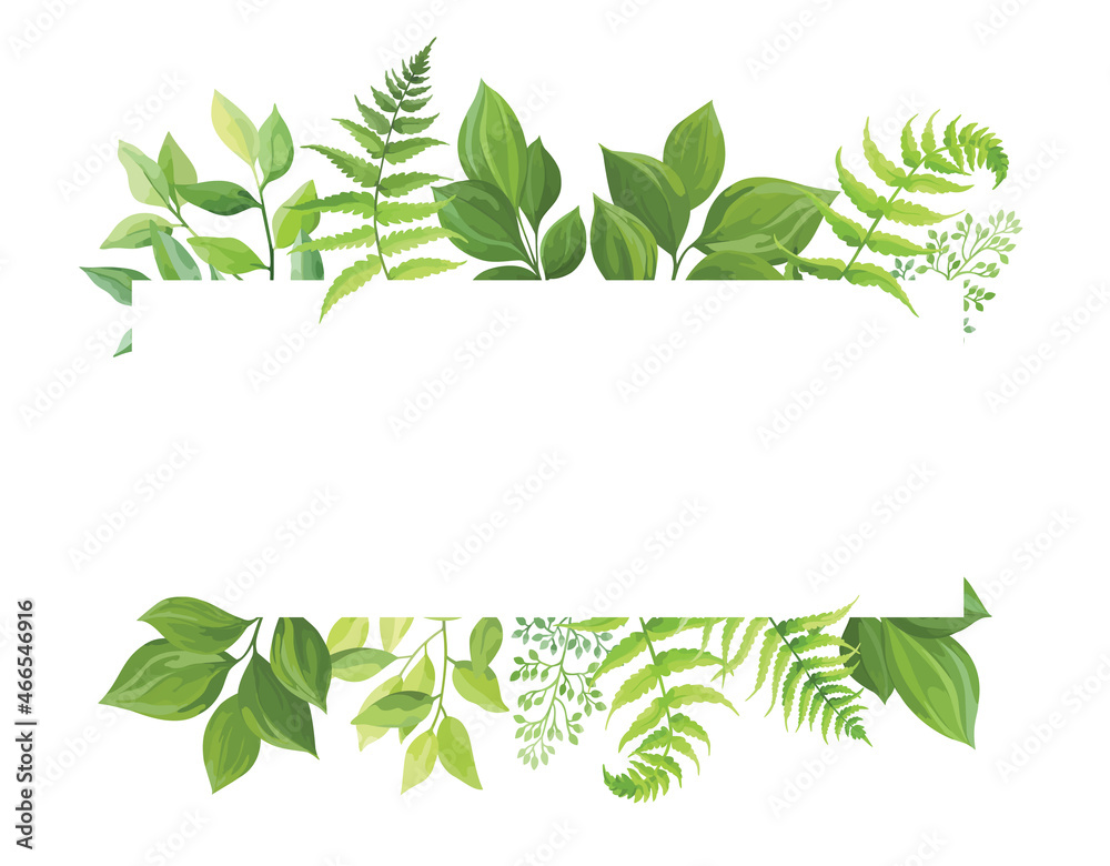 Green leaves frame template. Floral border with place for text. Forest herbs design. Vector illustration..