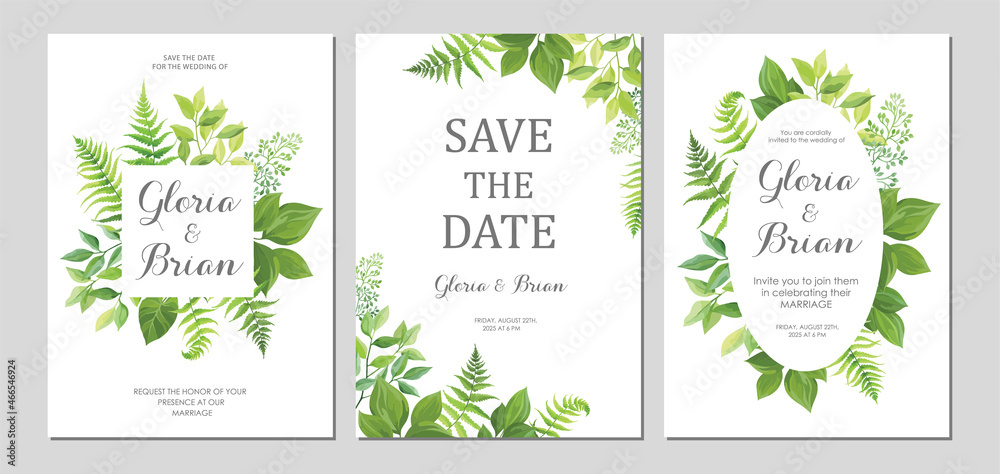 Wedding invitation with green leaves border. Invite card with place for text. Frame with forest herbs. Vector illustration.