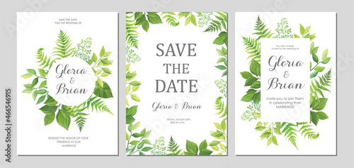 Wedding invitation with green leaves border. Invite card with place for text. Frame with forest herbs. Vector illustration.