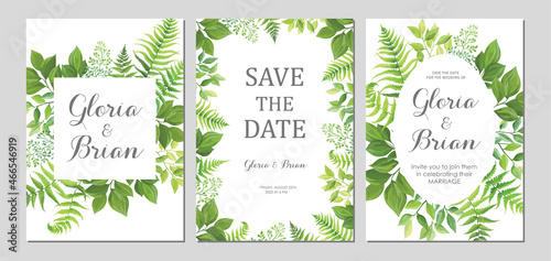 Wedding invitation with green leaves border. Invite card with place for text. Frame with forest herbs. Vector illustration.