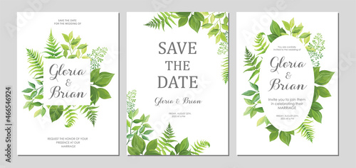 Wedding invitation with green leaves border. Invite card with place for text. Frame with forest herbs. Vector illustration.