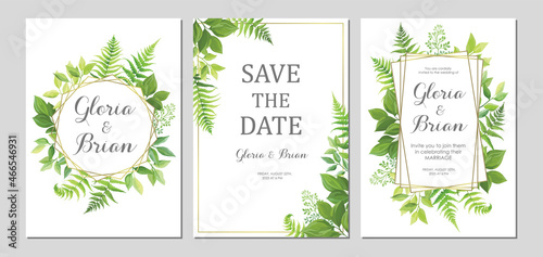 Wedding invitation with green leaves border and geometric frames. Invite card with place for text. Frame with forest herbs. Vector illustration.