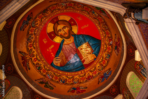 In the center of the modern church decorated with mosaics and frescoes, there is a symbolic throne of Our Lady of Kykkos as a prayer for the blessed rain over the sultry Cyprus 